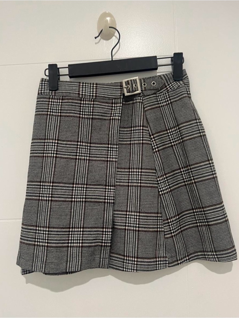 Plaid Wrap Mini Skirt with Side Buckle